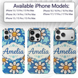 Cute Kawaii Daisy Flowers on Deep Blue Background Custom Name Protective Phone Case Mobile Cover Durable Everyday Smartphone Shock Resistant