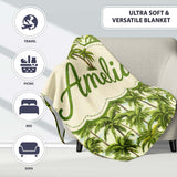 Tropical Palm Tree Summer Beach Seamless Pattern on Cream Background  Personalised Custom Name Super Soft Fleece Blanket Bed Sofa Throw