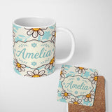Personalized Custom Name Cute Kawaii Daisy Flowers with Beige Background Seamless Pattern 11oz Ceramic Coffee Tea Mug White Large Handle