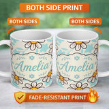 Personalized Custom Name Cute Kawaii Daisy Flowers with Beige Background Seamless Pattern 11oz Ceramic Coffee Tea Mug White Large Handle