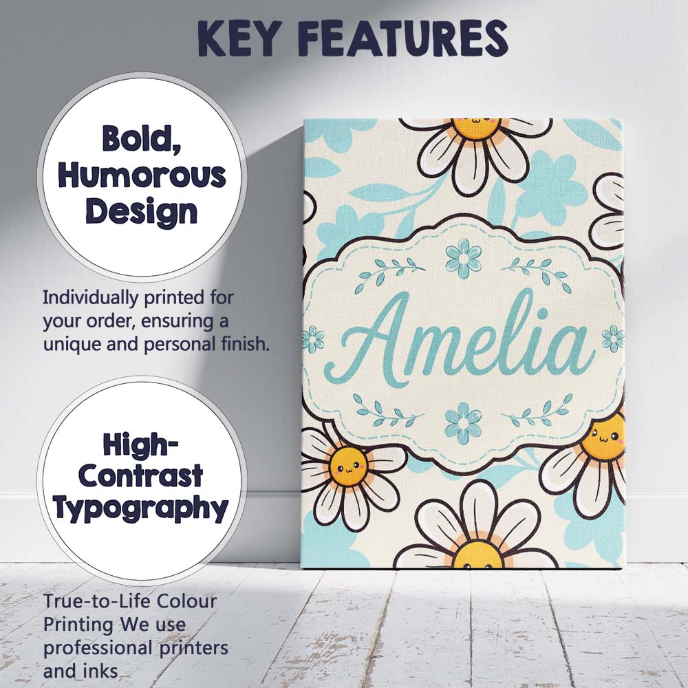 Personalised Name Cute Kawaii Daisy Flowers Custom  Bespoke Interior Contemporary Canvas Wall Art Print Decor Picture Ready to Hang