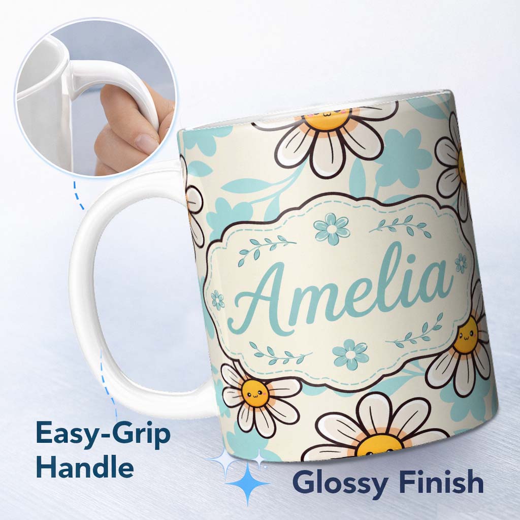 Personalized Custom Name Cute Kawaii Daisy Flowers with Beige Background Seamless Pattern 11oz Ceramic Coffee Tea Mug White Large Handle