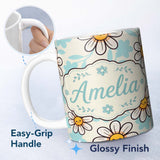 Personalized Custom Name Cute Kawaii Daisy Flowers with Beige Background Seamless Pattern 11oz Ceramic Coffee Tea Mug White Large Handle