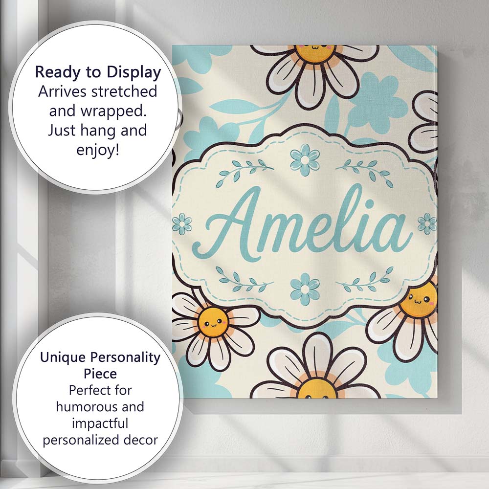 Personalised Name Cute Kawaii Daisy Flowers Custom  Bespoke Interior Contemporary Canvas Wall Art Print Decor Picture Ready to Hang