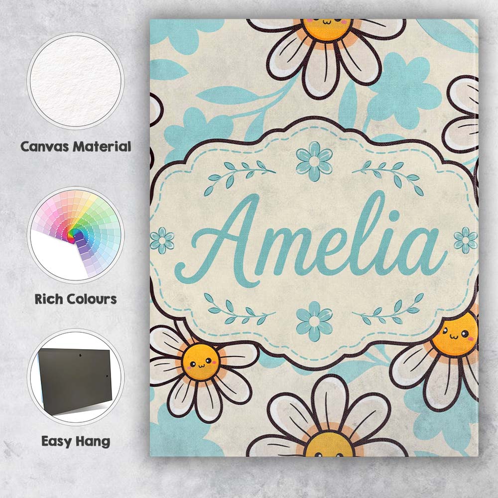 Personalised Name Cute Kawaii Daisy Flowers Custom  Bespoke Interior Contemporary Canvas Wall Art Print Decor Picture Ready to Hang