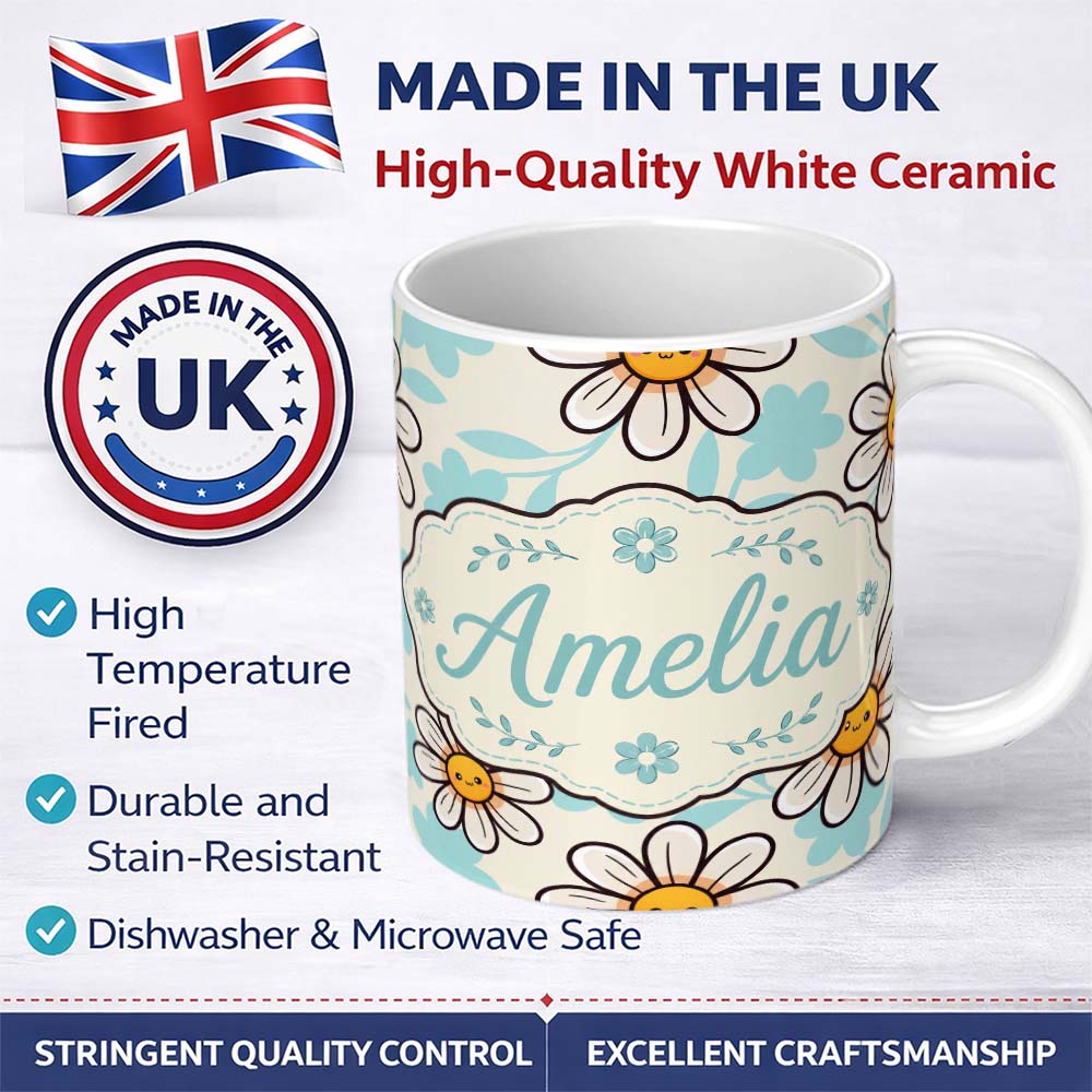Personalized Custom Name Cute Kawaii Daisy Flowers with Beige Background Seamless Pattern 11oz Ceramic Coffee Tea Mug White Large Handle