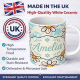 Personalized Custom Name Cute Kawaii Daisy Flowers with Beige Background Seamless Pattern 11oz Ceramic Coffee Tea Mug White Large Handle
