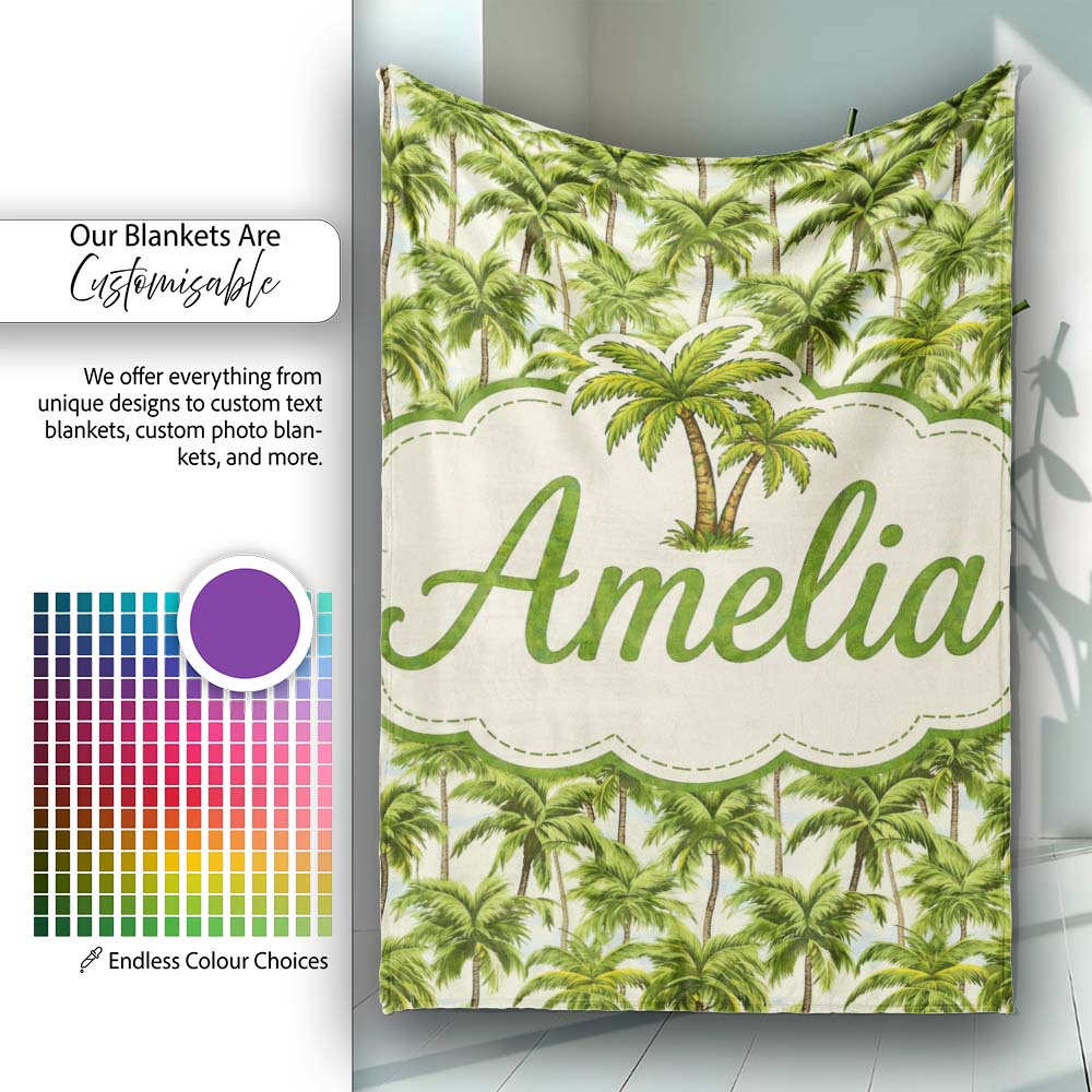 Tropical Palm Tree Summer Beach Seamless Pattern on Cream Background  Personalised Custom Name Super Soft Fleece Blanket Bed Sofa Throw