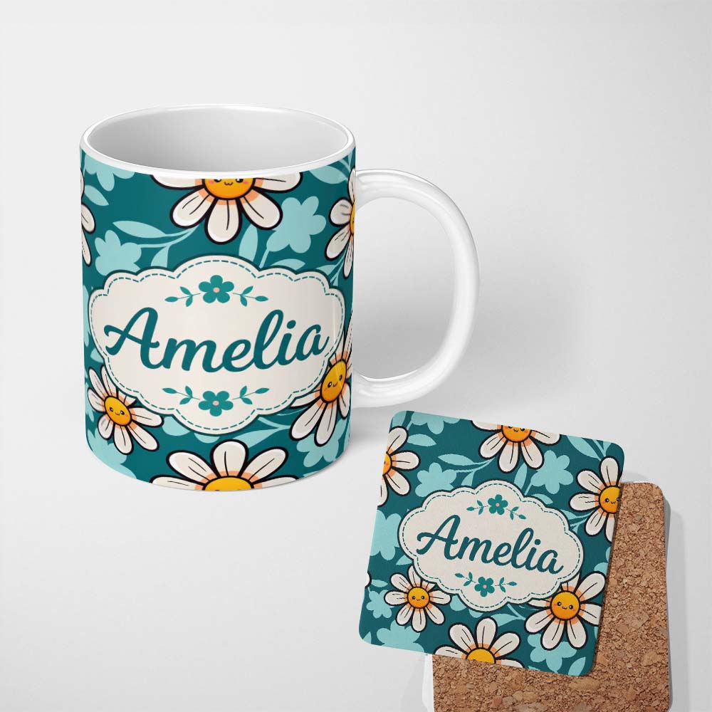 Personalized Custom Name Cute Kawaii Daisy Flowers on Teal Green Background Seamless Pattern 11oz Ceramic Coffee Tea Mug White Large Handle