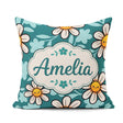 Custom Name Kawaii Daisy Flowers on Teal Green Seamless Pattern Square Filled Cushion Throw Pillow Sofa Bed Home Decor Zip Washable UK Made