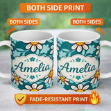 Personalized Custom Name Cute Kawaii Daisy Flowers on Teal Green Background Seamless Pattern 11oz Ceramic Coffee Tea Mug White Large Handle
