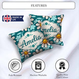 Custom Name Kawaii Daisy Flowers on Teal Green Seamless Pattern Square Filled Cushion Throw Pillow Sofa Bed Home Decor Zip Washable UK Made