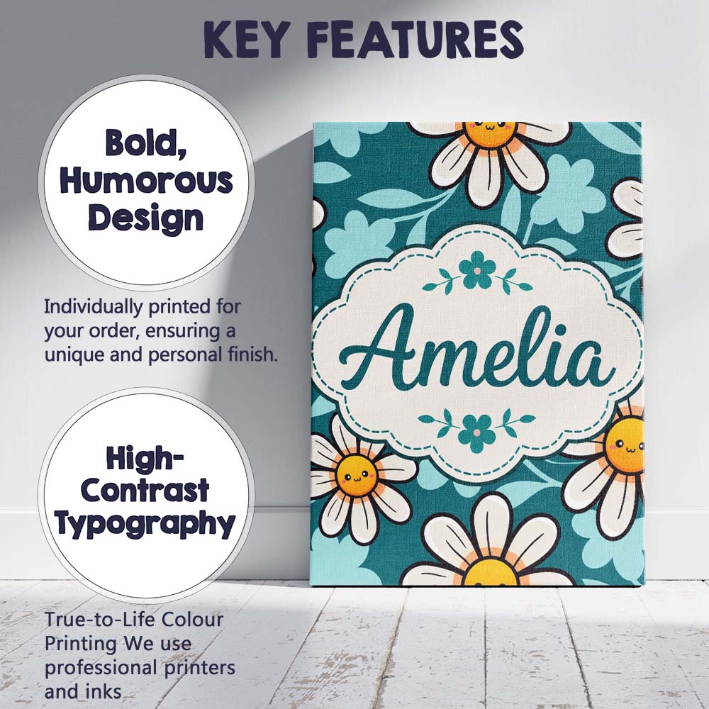 Personalised Name Cute Kawaii Daisy Flowers Custom  Bespoke Interior Contemporary Canvas Wall Art Print Decor Picture Ready to Hang