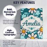 Personalised Name Cute Kawaii Daisy Flowers Custom  Bespoke Interior Contemporary Canvas Wall Art Print Decor Picture Ready to Hang