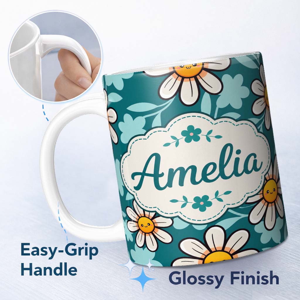 Personalized Custom Name Cute Kawaii Daisy Flowers on Teal Green Background Seamless Pattern 11oz Ceramic Coffee Tea Mug White Large Handle