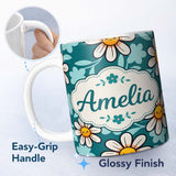 Personalized Custom Name Cute Kawaii Daisy Flowers on Teal Green Background Seamless Pattern 11oz Ceramic Coffee Tea Mug White Large Handle