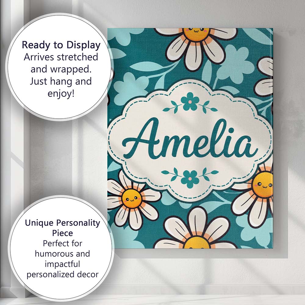 Personalised Name Cute Kawaii Daisy Flowers Custom  Bespoke Interior Contemporary Canvas Wall Art Print Decor Picture Ready to Hang