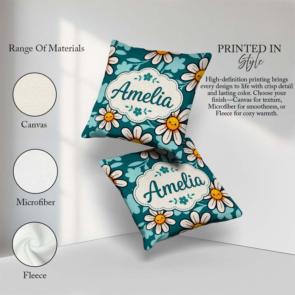 Custom Name Kawaii Daisy Flowers on Teal Green Seamless Pattern Square Filled Cushion Throw Pillow Sofa Bed Home Decor Zip Washable UK Made