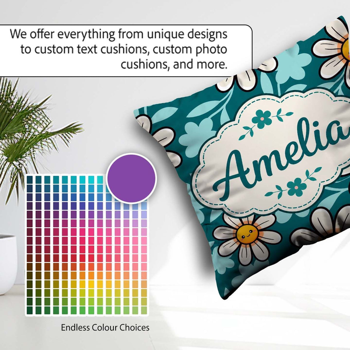 Custom Name Kawaii Daisy Flowers on Teal Green Seamless Pattern Square Filled Cushion Throw Pillow Sofa Bed Home Decor Zip Washable UK Made