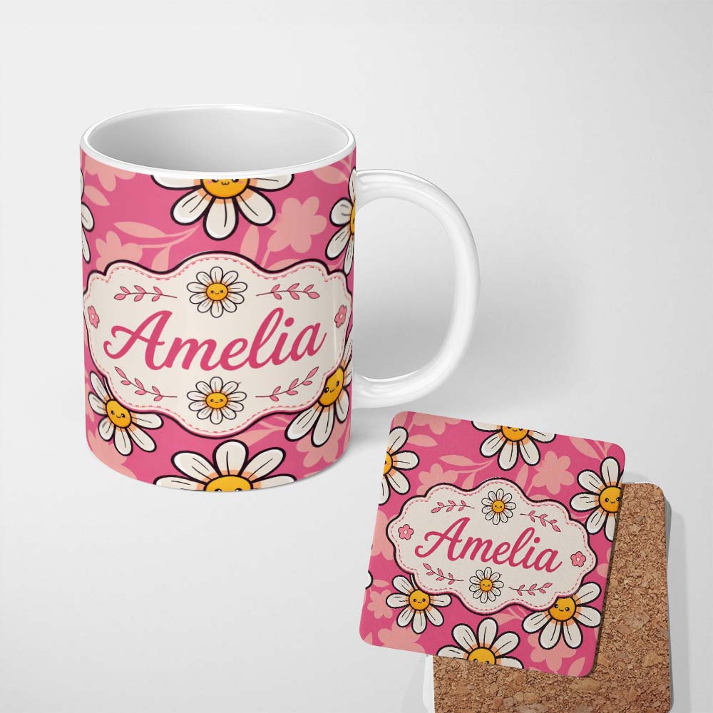 Personalized Custom Name Cute Kawaii Daisy Flowers on Pink Background Seamless Pattern Name 11oz Ceramic Coffee Tea Mug White Large Handle