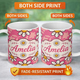 Personalized Custom Name Cute Kawaii Daisy Flowers on Pink Background Seamless Pattern Name 11oz Ceramic Coffee Tea Mug White Large Handle