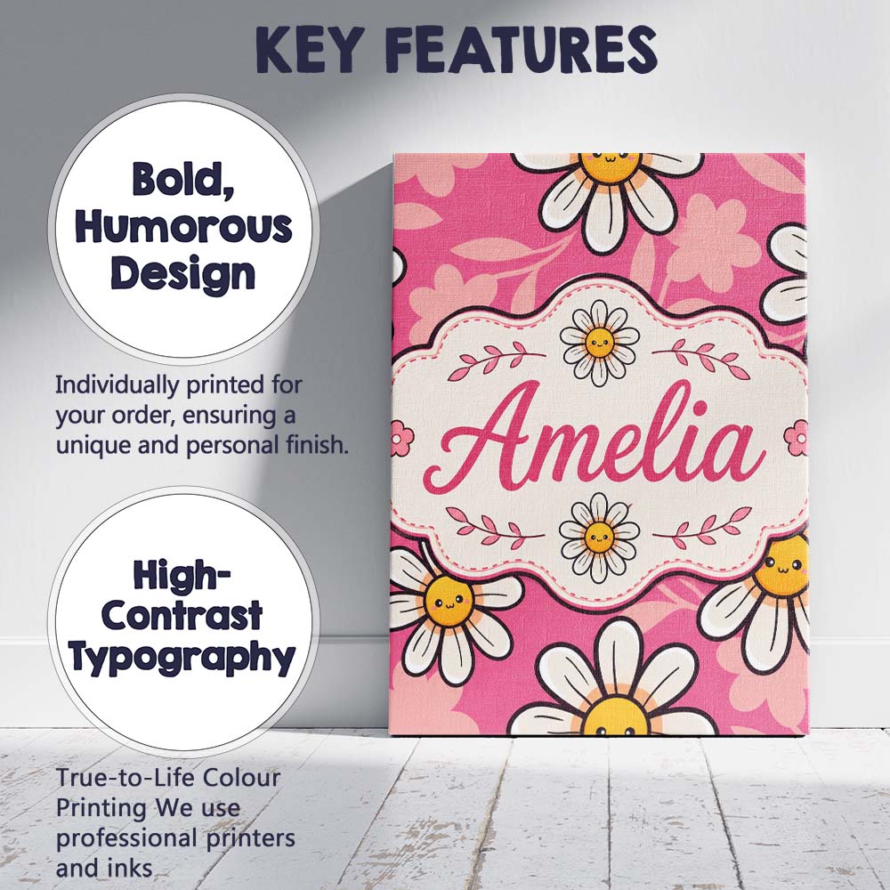 Personalised Name Cute Kawaii Daisy Flowers Custom  Bespoke Interior Contemporary Canvas Wall Art Print Decor Picture Ready to Hang