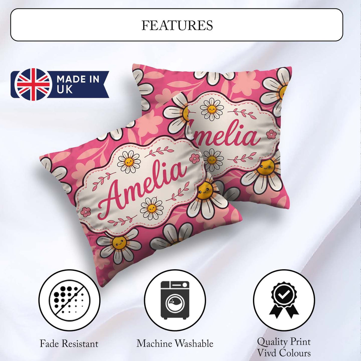 Custom Name Kawaii Daisy Flowers on Pink Background Pattern Name Square Filled Cushion Throw Pillow Sofa Bed Home Decor Zip Washable UK Made
