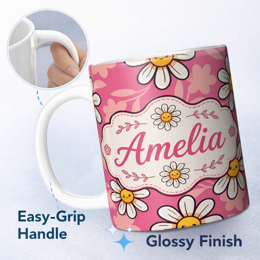 Personalized Custom Name Cute Kawaii Daisy Flowers on Pink Background Seamless Pattern Name 11oz Ceramic Coffee Tea Mug White Large Handle