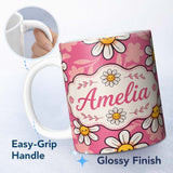 Personalized Custom Name Cute Kawaii Daisy Flowers on Pink Background Seamless Pattern Name 11oz Ceramic Coffee Tea Mug White Large Handle