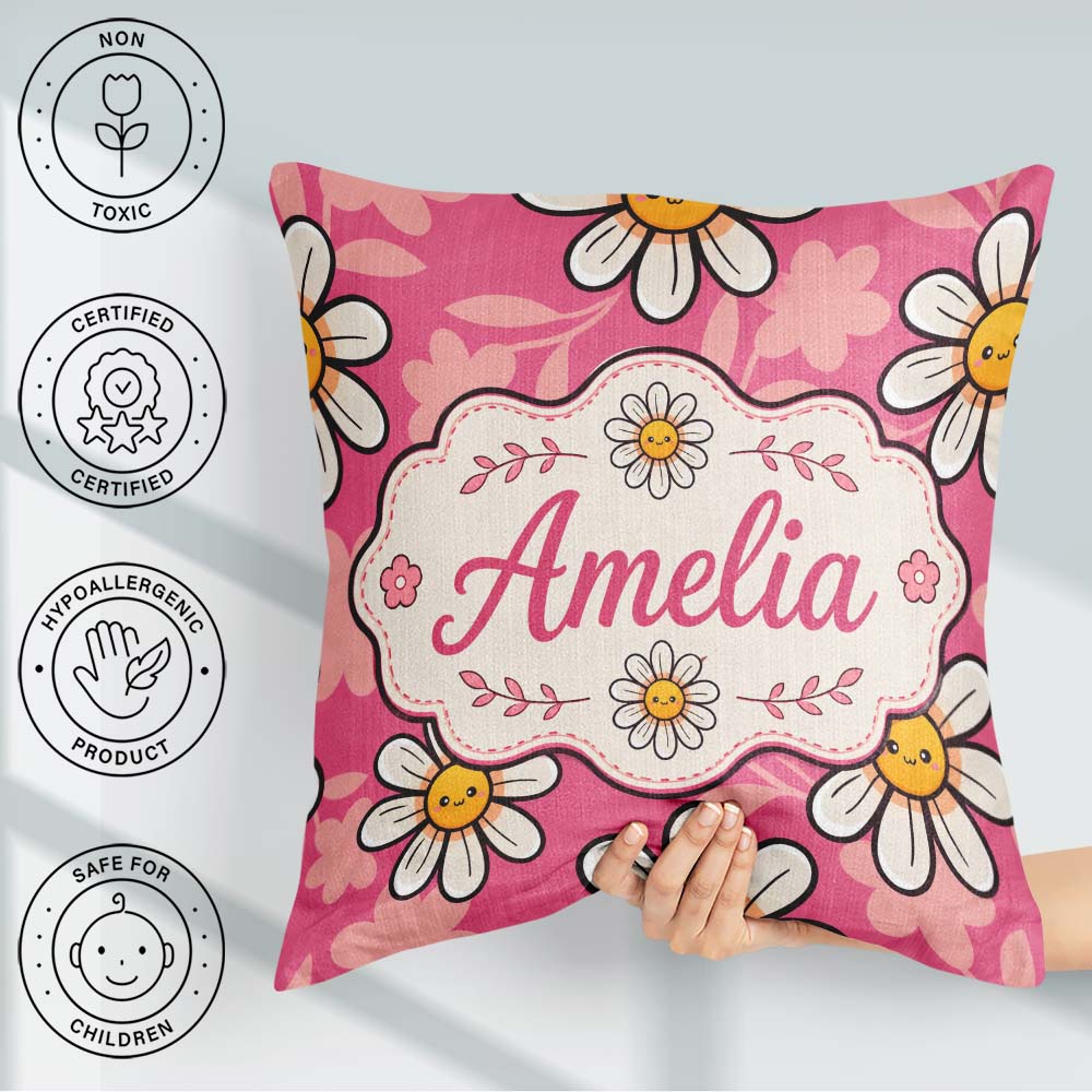 Custom Name Kawaii Daisy Flowers on Pink Background Pattern Name Square Filled Cushion Throw Pillow Sofa Bed Home Decor Zip Washable UK Made