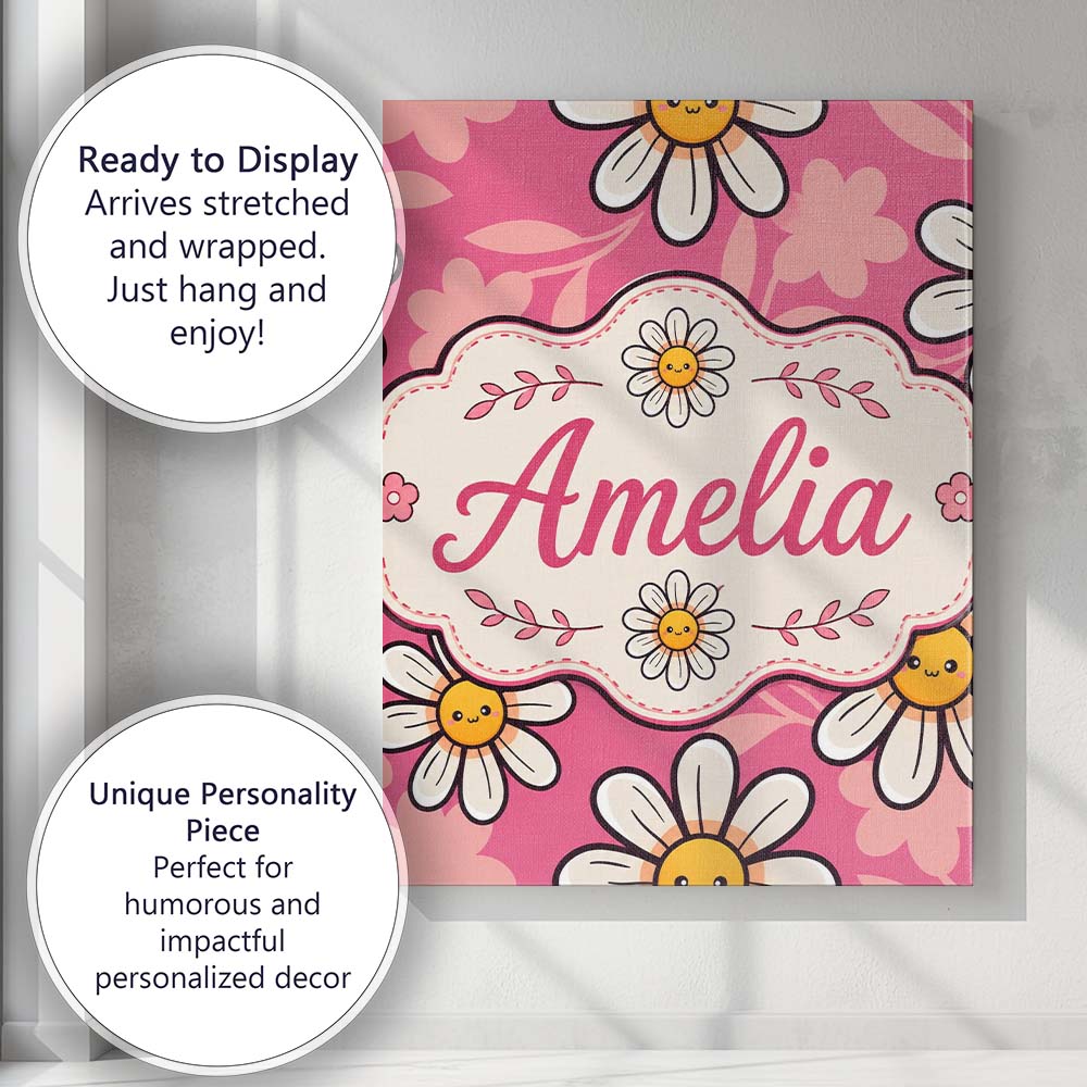 Personalised Name Cute Kawaii Daisy Flowers Custom  Bespoke Interior Contemporary Canvas Wall Art Print Decor Picture Ready to Hang
