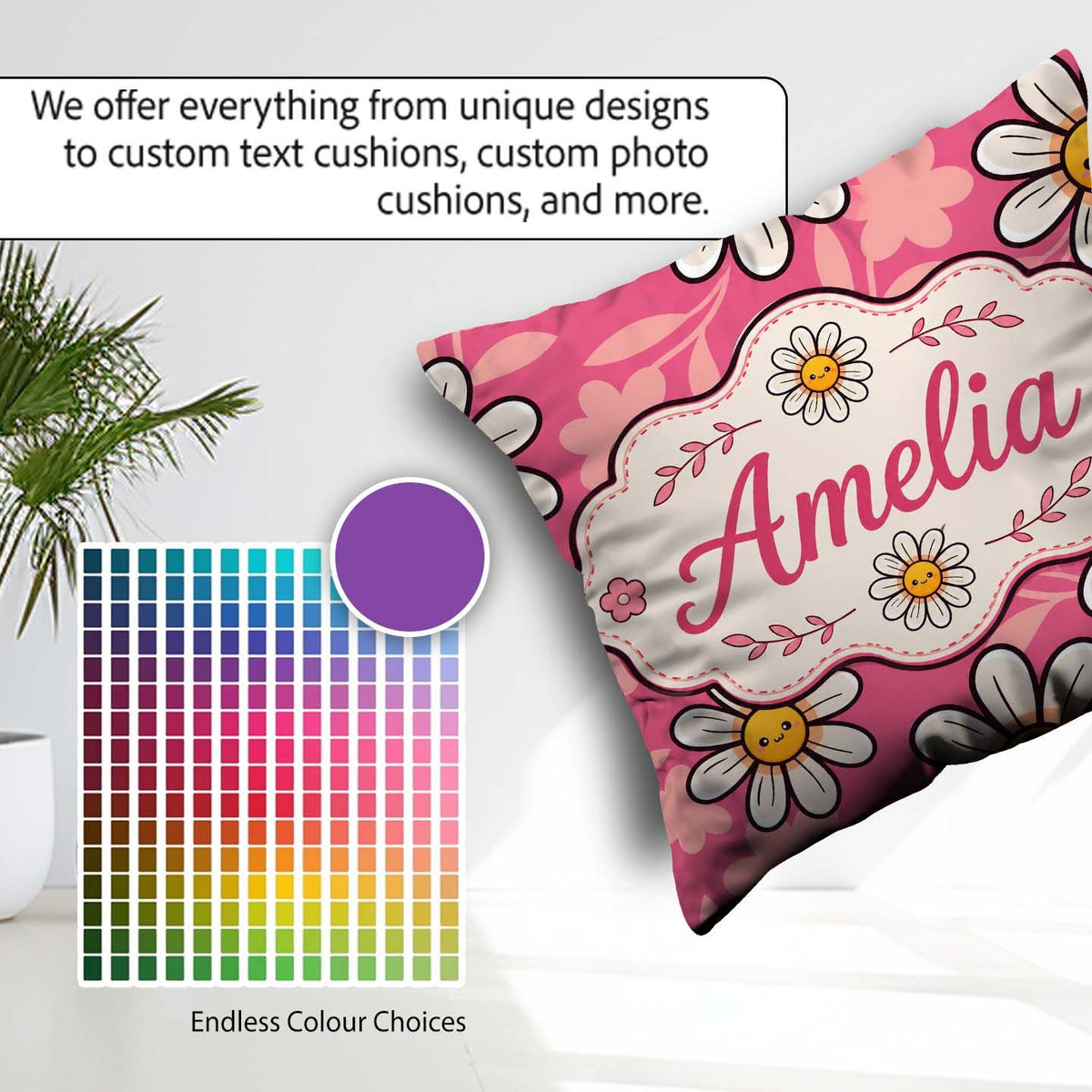 Custom Name Kawaii Daisy Flowers on Pink Background Pattern Name Square Filled Cushion Throw Pillow Sofa Bed Home Decor Zip Washable UK Made