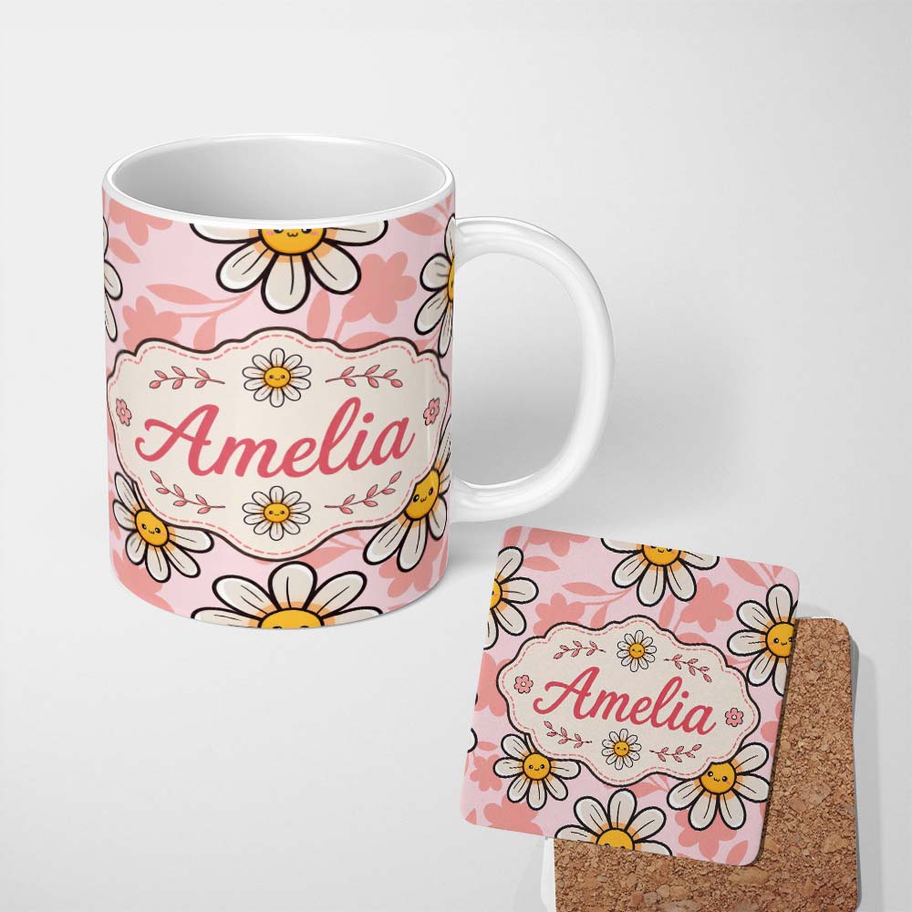 Personalized Custom Name Cute Kawaii Daisy Flowers with Soft Peach Background Seamless 11oz Ceramic Coffee Tea Mug White Large Handle
