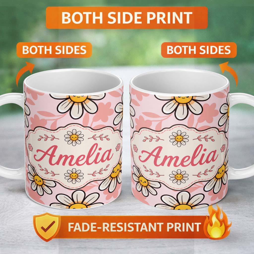 Personalized Custom Name Cute Kawaii Daisy Flowers with Soft Peach Background Seamless 11oz Ceramic Coffee Tea Mug White Large Handle
