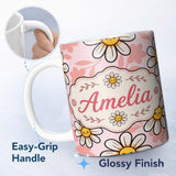 Personalized Custom Name Cute Kawaii Daisy Flowers with Soft Peach Background Seamless 11oz Ceramic Coffee Tea Mug White Large Handle