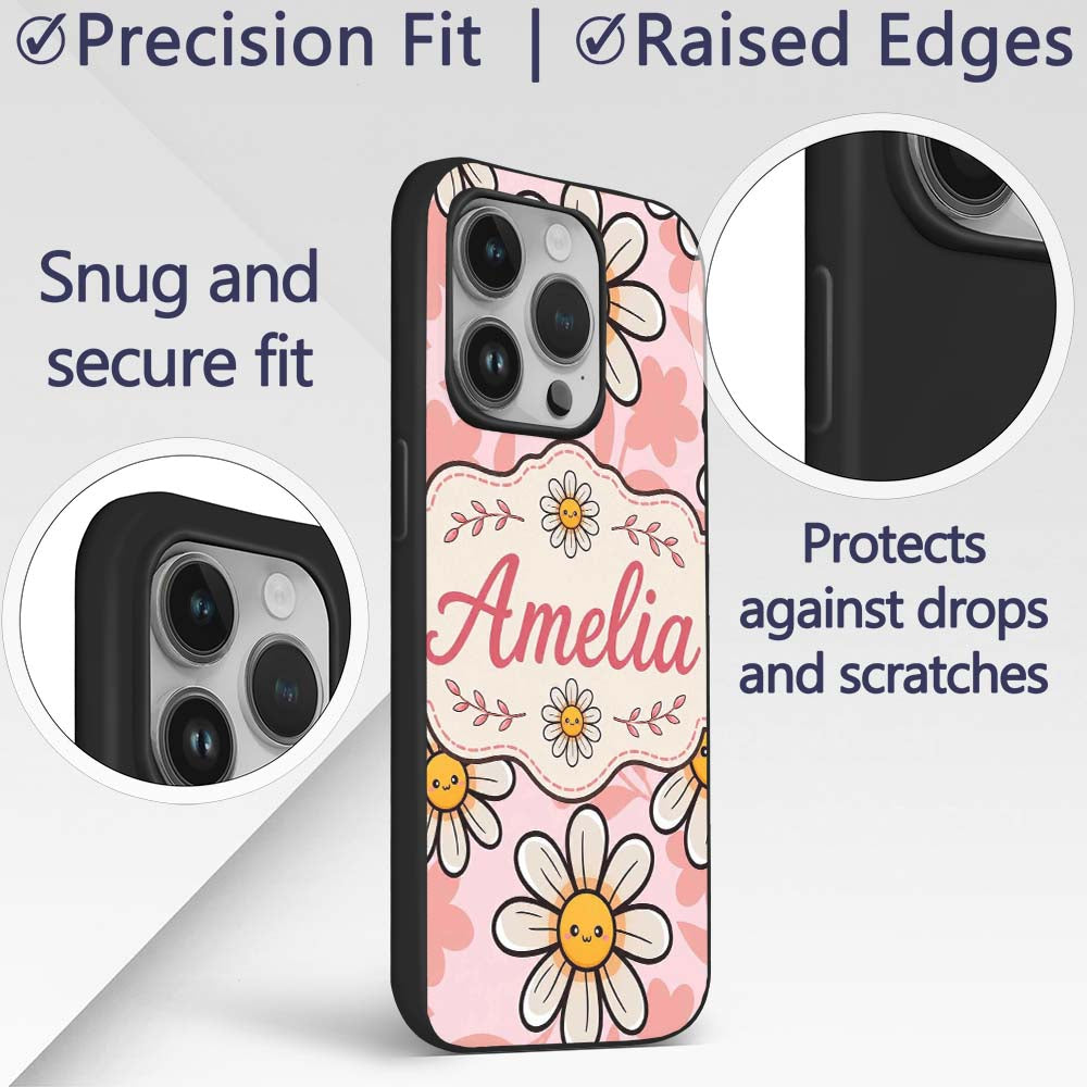 Cute Kawaii Daisy Flowers with Printed Design Custom Name Protective Phone Case Mobile Cover Durable Everyday Smartphone Shock Resistant
