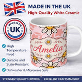 Personalized Custom Name Cute Kawaii Daisy Flowers with Soft Peach Background Seamless 11oz Ceramic Coffee Tea Mug White Large Handle