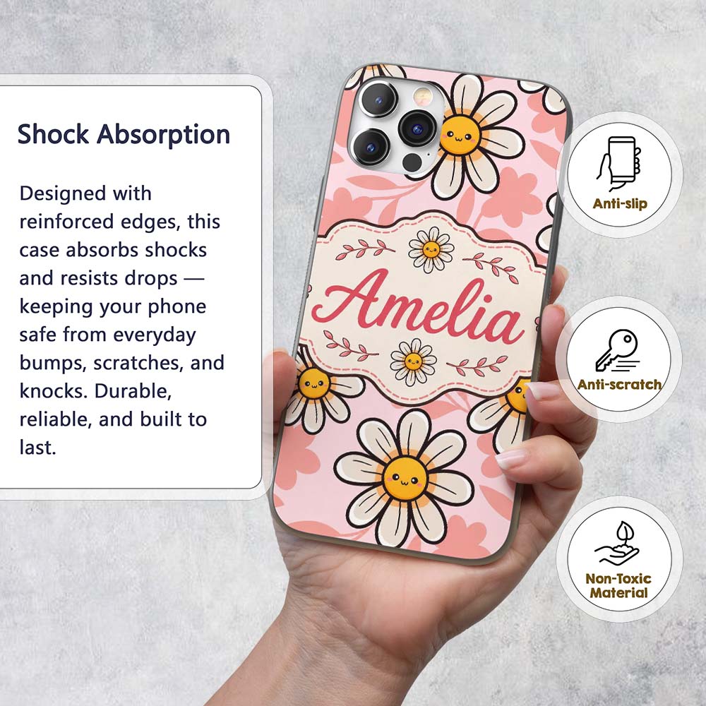 Cute Kawaii Daisy Flowers with Printed Design Custom Name Protective Phone Case Mobile Cover Durable Everyday Smartphone Shock Resistant