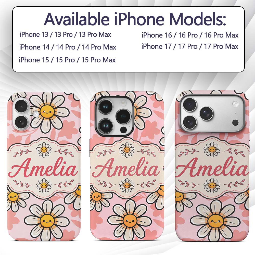 Cute Kawaii Daisy Flowers with Printed Design Custom Name Protective Phone Case Mobile Cover Durable Everyday Smartphone Shock Resistant