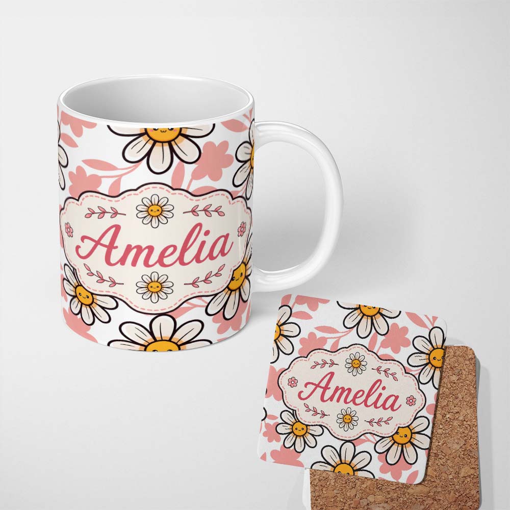 Personalized Custom Name Cute Kawaii Daisy Flowers with White Background Seamless Pattern 11oz Ceramic Coffee Tea Mug White Large Handle