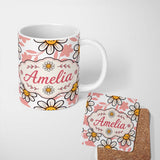 Personalized Custom Name Cute Kawaii Daisy Flowers with White Background Seamless Pattern 11oz Ceramic Coffee Tea Mug White Large Handle