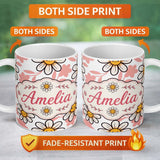 Personalized Custom Name Cute Kawaii Daisy Flowers with White Background Seamless Pattern 11oz Ceramic Coffee Tea Mug White Large Handle