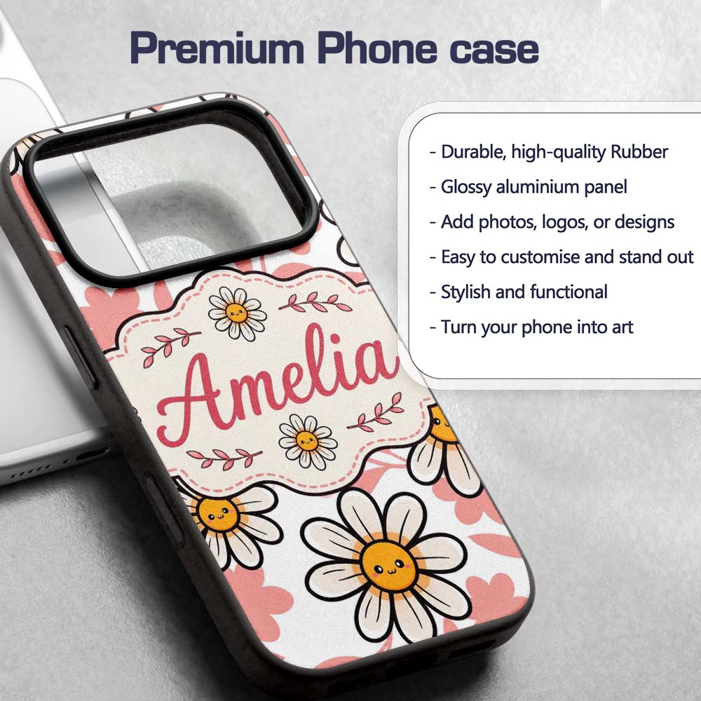 Cute Kawaii Daisy Flowers with White Background Custom Name Protective Phone Case Mobile Cover Durable Everyday Smartphone Shock Resistant