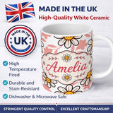 Personalized Custom Name Cute Kawaii Daisy Flowers with White Background Seamless Pattern 11oz Ceramic Coffee Tea Mug White Large Handle
