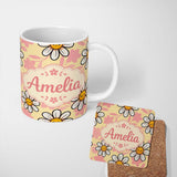 Personalized Custom Name Cute Kawaii Daisy Flowers with Yellow Background Seamless Pattern 11oz Ceramic Coffee Tea Mug White Large Handle