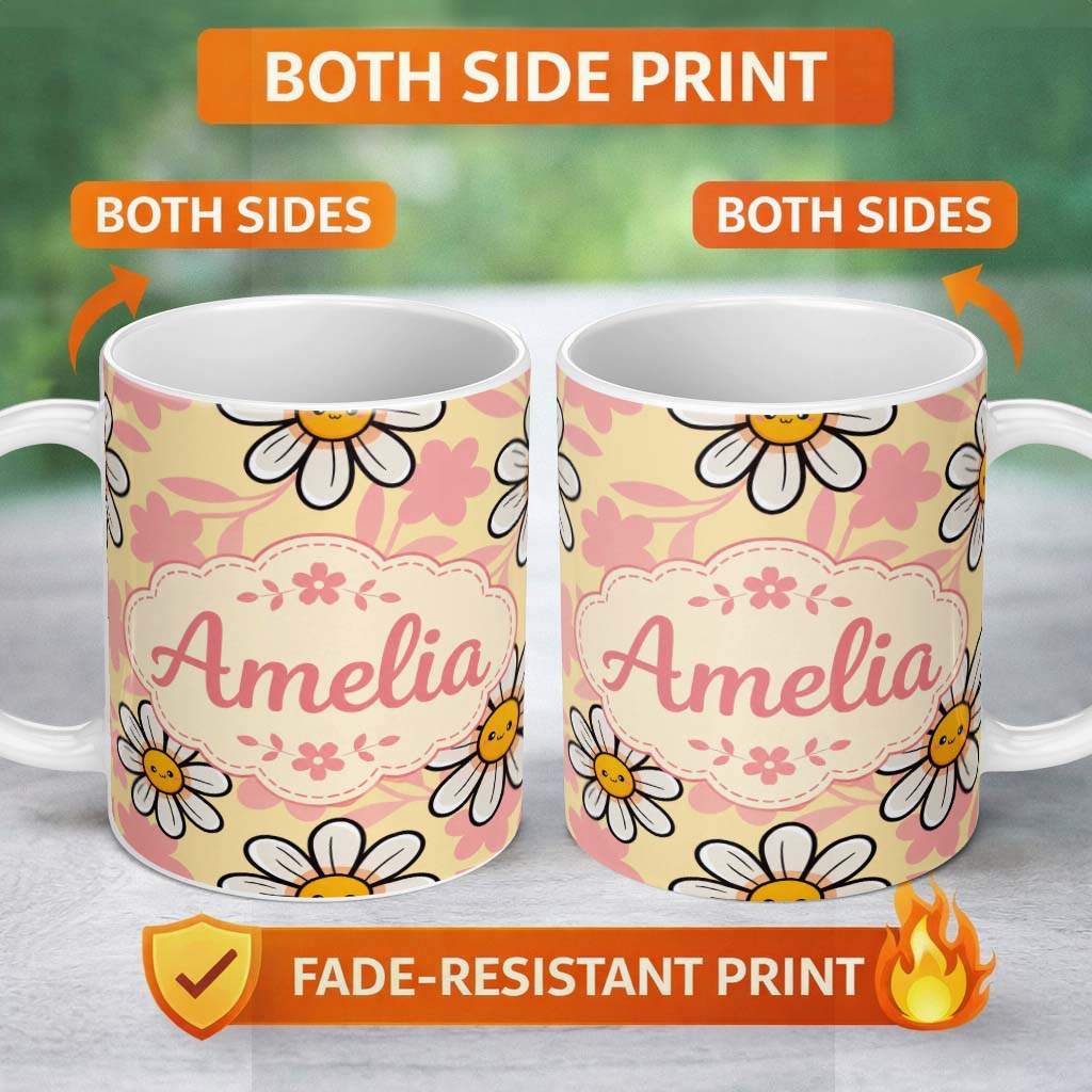 Personalized Custom Name Cute Kawaii Daisy Flowers with Yellow Background Seamless Pattern 11oz Ceramic Coffee Tea Mug White Large Handle