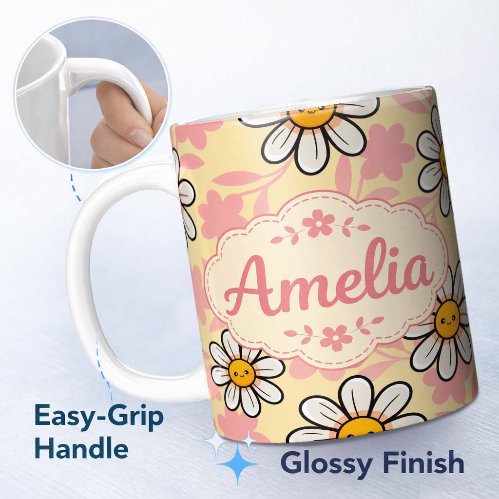 Personalized Custom Name Cute Kawaii Daisy Flowers with Yellow Background Seamless Pattern 11oz Ceramic Coffee Tea Mug White Large Handle