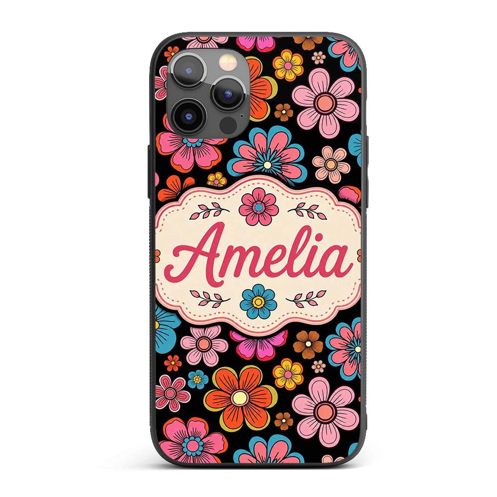 Cute Floral Flowers on Black Background Seamless Custom Name Protective Phone Case Mobile Cover Durable Everyday Smartphone Shock Resistant