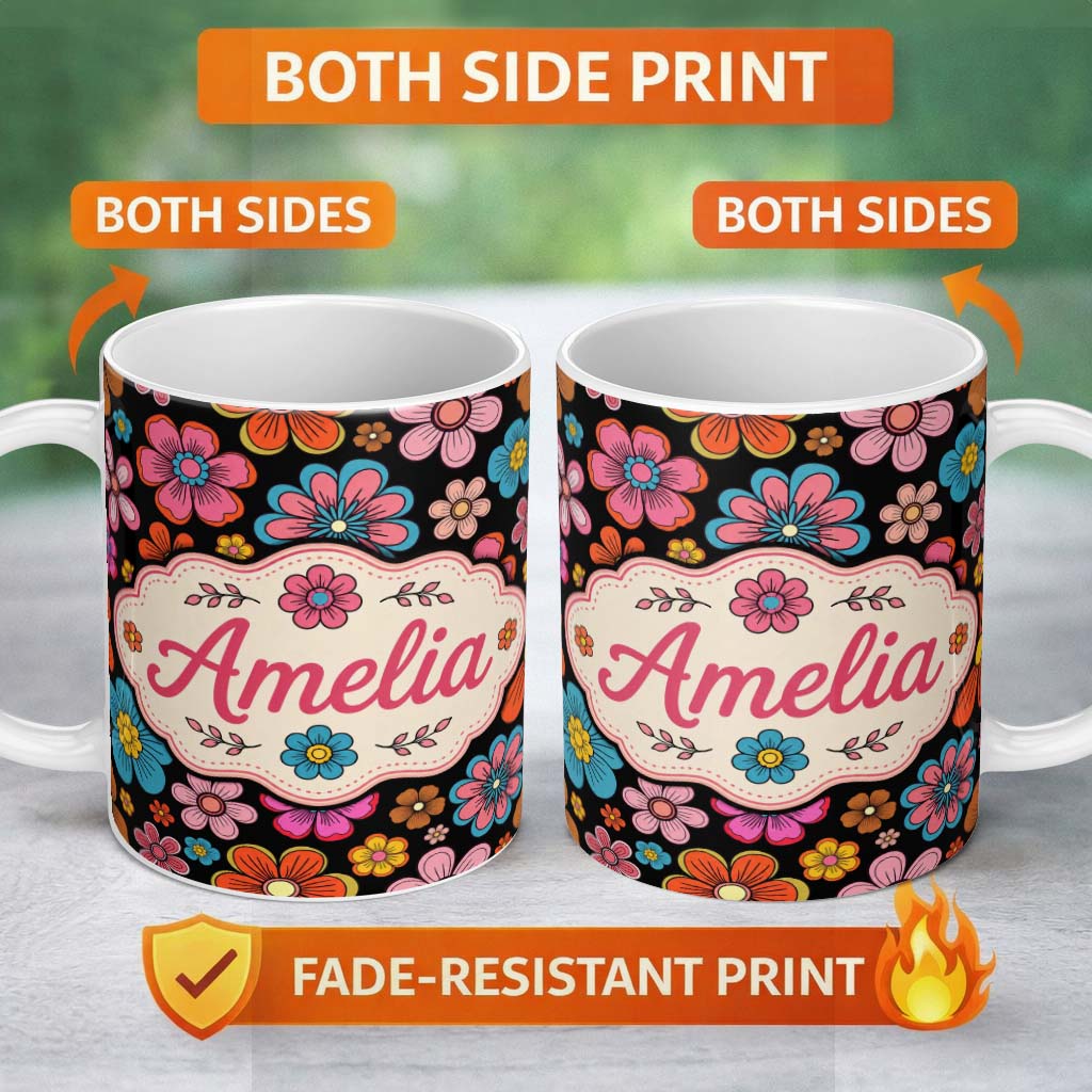 Personalized Custom Name Cute Floral Flowers on Black Background Seamless Pattern Name 11oz Ceramic Coffee Tea Mug White Large Handle