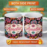 Personalized Custom Name Cute Floral Flowers on Black Background Seamless Pattern Name 11oz Ceramic Coffee Tea Mug White Large Handle